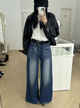 2025冬季新款复古水洗加绒韩版宽松显瘦百搭高腰直筒阔腿HEY&MOMO