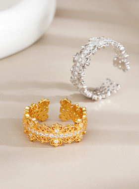 S925纯银宫廷蕾丝镶钻开口戒指