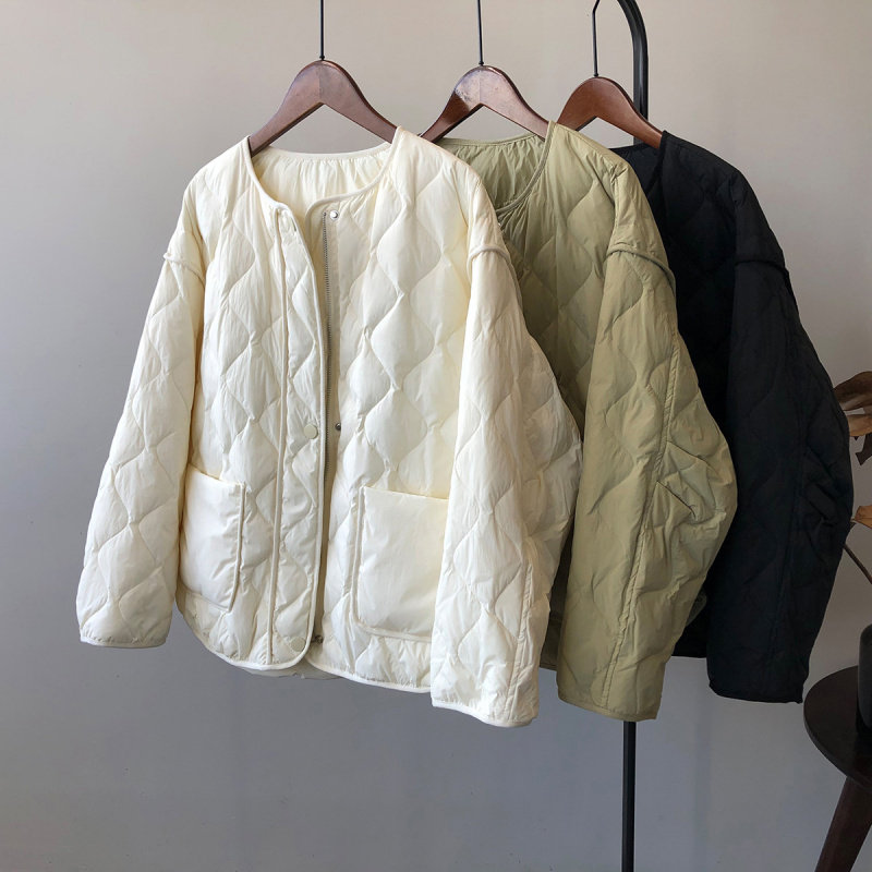 言双 白鸭绒无领羽绒服女 冬季新款轻薄菱格短款保暖外套