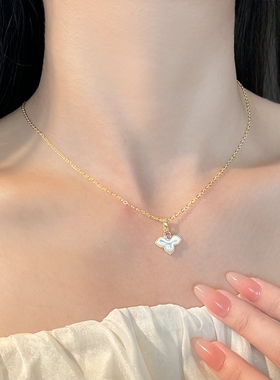 MoreSuitable厚镀18k真金强保色贝母枫叶轻奢老钱项链锆石锁骨链