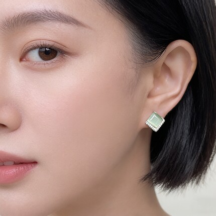 MoreSuitable锆石绿色玻璃猫眼石s925银针耳钉女清新简约方形耳饰
