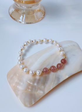 MoreSuitable天然淡水珍珠草莓晶手饰女百搭精致松紧线可调节手链