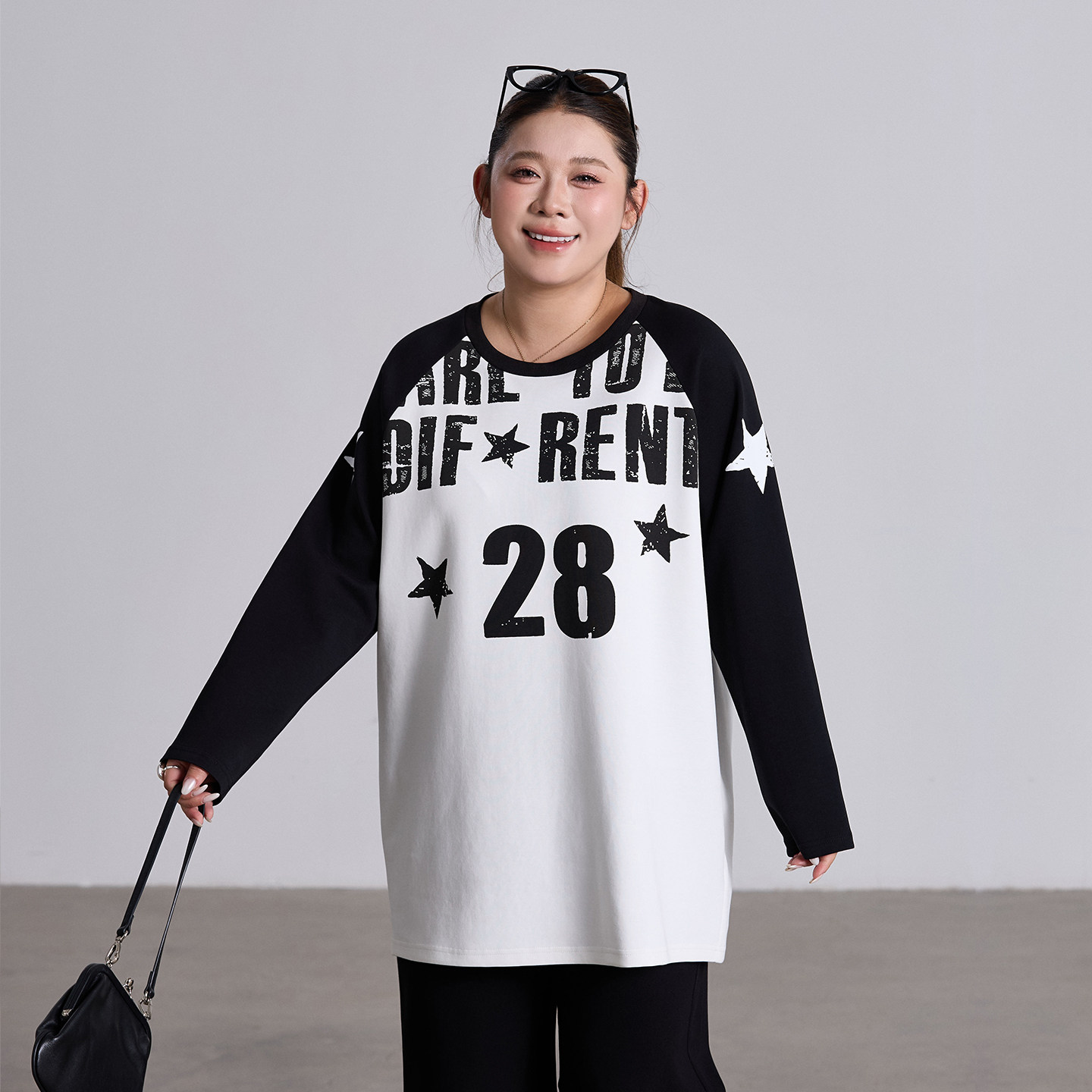 减龄星星字母印花撞色大码t恤女2026年春季新款胖mm宽松长袖上衣,女装/女士精品,大码内搭,淘宝优惠券,粉丝福利购,淘宝优惠卷