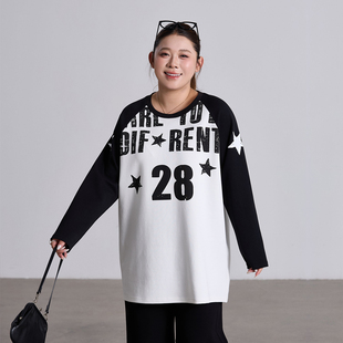 胖mm宽松长袖 新款 上衣 t恤女2026年春季 减龄星星字母印花撞色大码