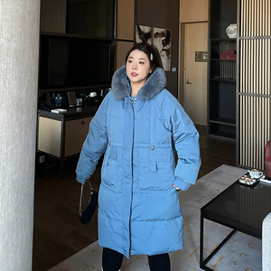 狐狸毛领羽绒服90%白鸭绒大码女装200斤胖mm中长款保暖外套面包服