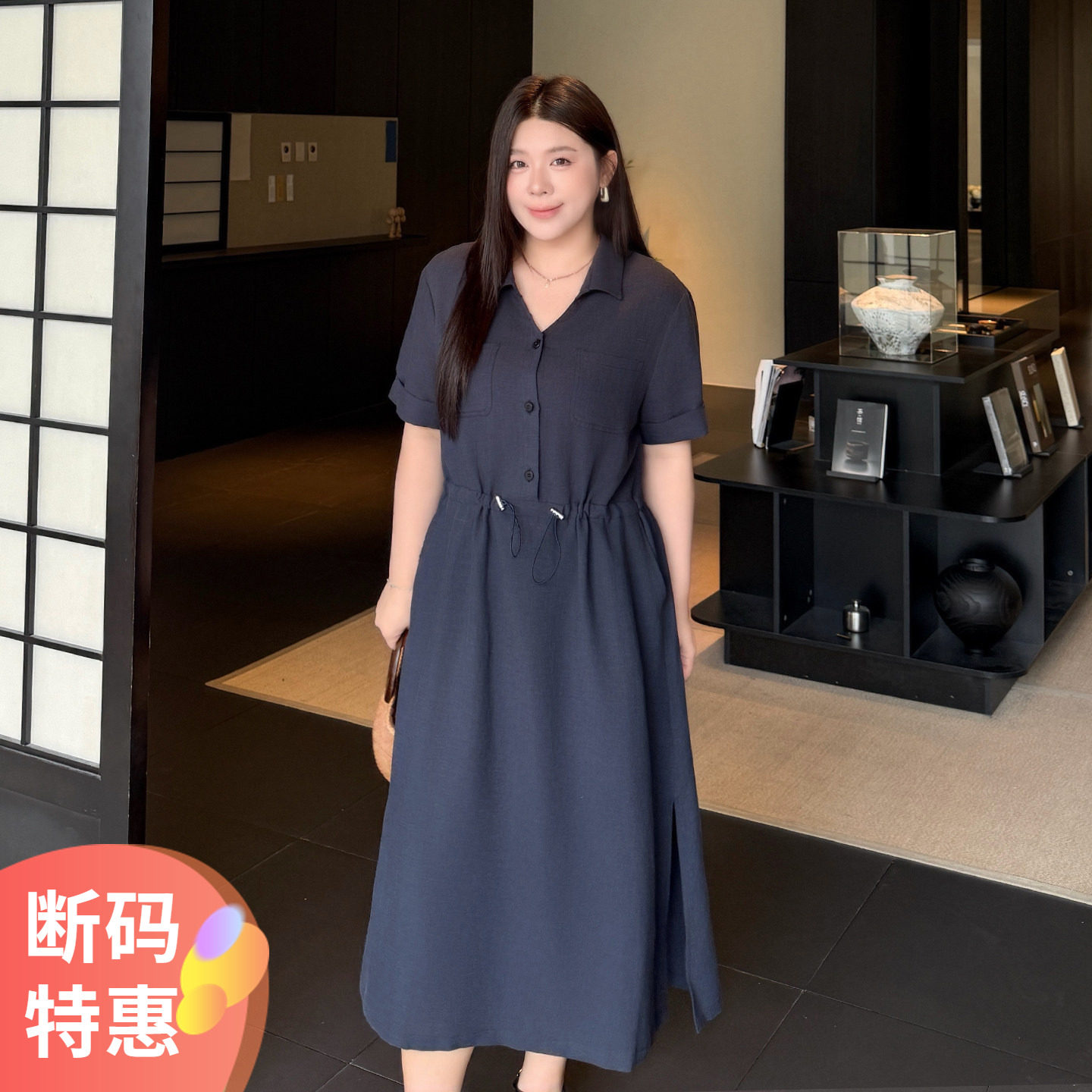 高端莱赛尔亚麻衬衫裙夏季新款200斤胖mm特大码女装中长款连衣裙