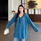 上衣胖mm宽松长袖 心存真大码 T恤 2025秋季 新款 女装 抽绳v领打底衫