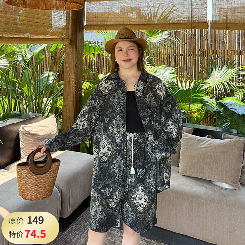 大码女装衬衫短裤套装宽松显瘦