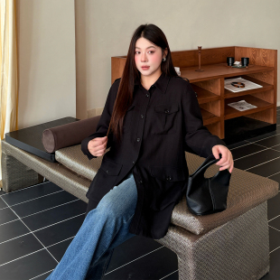 200斤胖mm宽松显瘦长袖 老钱风工装 女2025秋新款 衬衫 衬衣 麻感大码