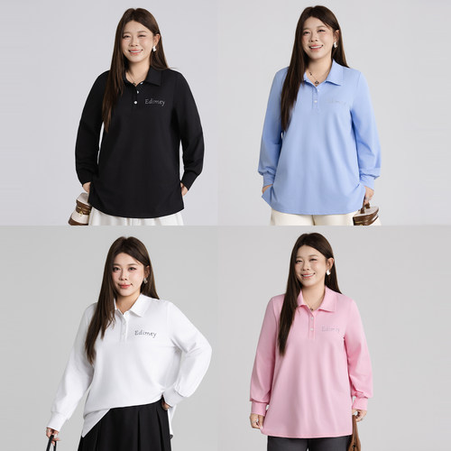 大码女装珠地长袖POLO衫宽松显瘦