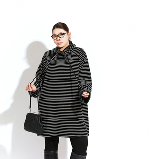 长款遮屁股双面绒条纹打底衫女200斤加大码胖mm高领宽松长袖T恤