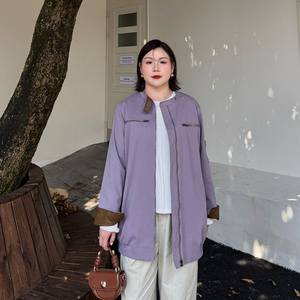 心存真特大码女装pu皮拼接夹克230斤加肥加大胖mm宽松中长款外套