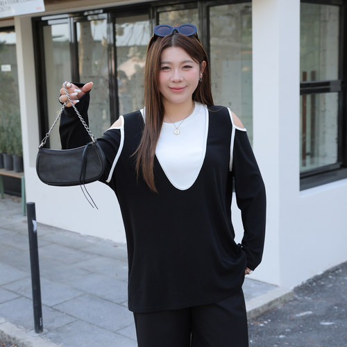 大码女装露肩假两件T恤宽松显瘦