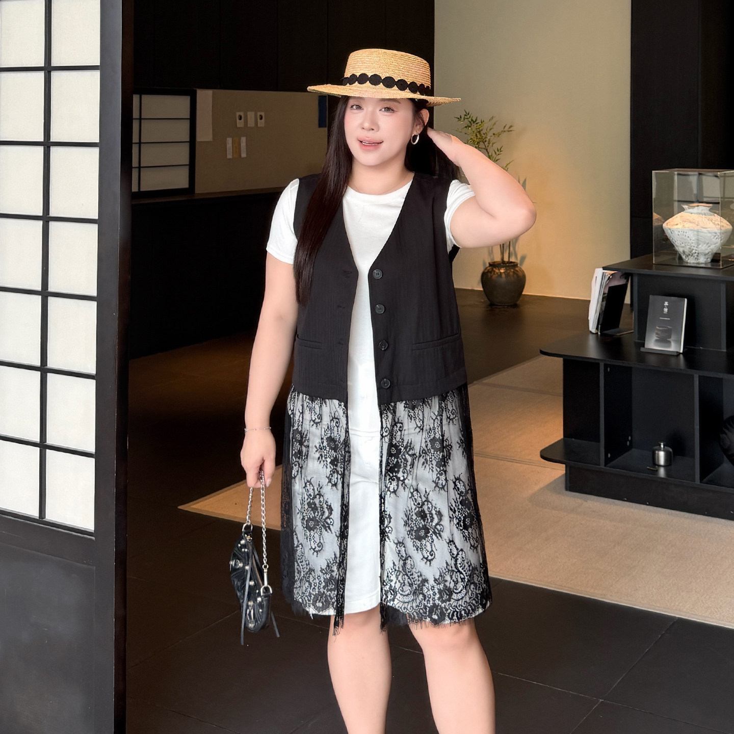 蕾丝下摆薄款外搭马甲女200斤大码女装胖mm宽松亚麻中长款马夹