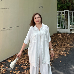 宽松薄款棉麻外套夏季新款大码女装胖妹妹mm宽松显瘦半袖工装开衫