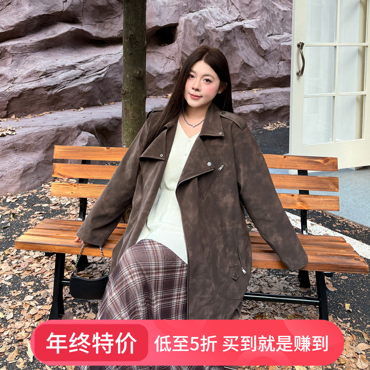 心存真大码女装复古pu皮衣秋季加肥加大胖mm宽松翻领机车外套潮酷