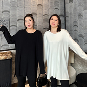 女装 长款 抓绒开叉T恤秋冬款 大码 200斤特胖mm宽松遮屁股上衣打底衫