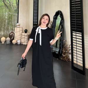 心存真大码女装2026年夏季新款胖妹妹mm宽松直筒显瘦撞色连衣裙