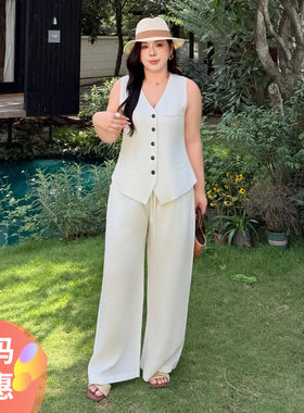 大码女装黑扣马甲套装百搭显瘦