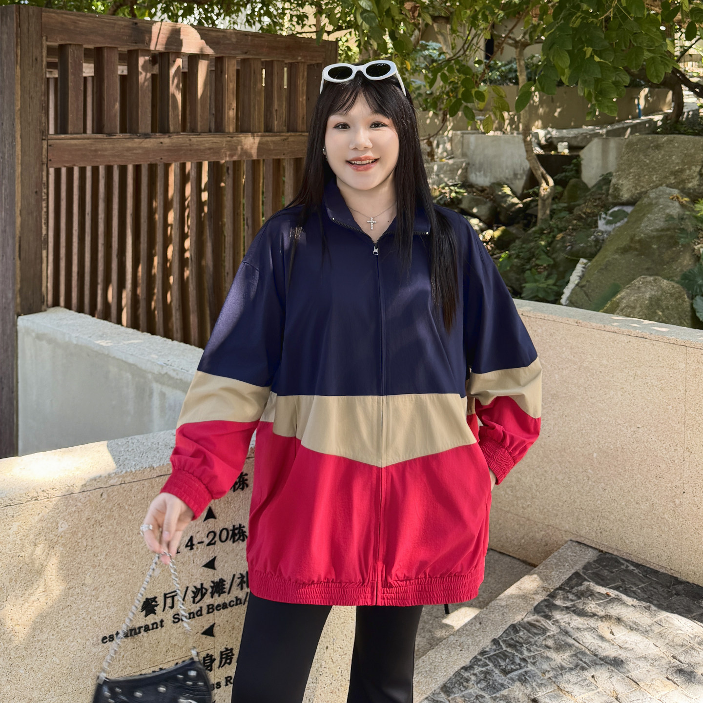 大码女装撞色户外外套轻薄2026春季新款胖mm宽松中长款防晒开衫