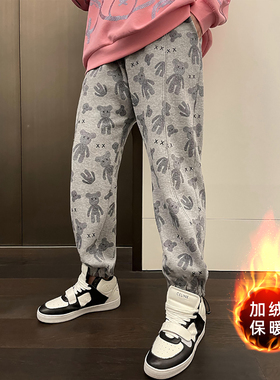 小熊烫钻大码卫裤女加绒厚200斤减龄显瘦胖mm宽松休闲束脚运动裤