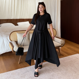 设计感大牌拼接腰带连衣裙大码 胖mm显瘦A字遮肚小众时髦收腰裙子