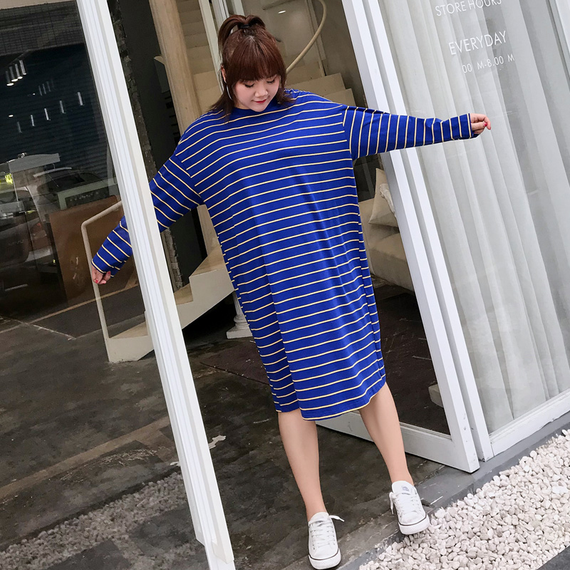 热销16件限时秒杀胖妹妹mm大码女装秋装加肥加大200斤显瘦棉质打底长袖条纹连衣裙