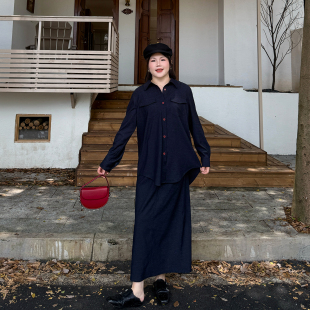 新胖妹mm宽松衬衫 心存真大码 2025秋季 仿牛仔半身裙套装 两件套 女装