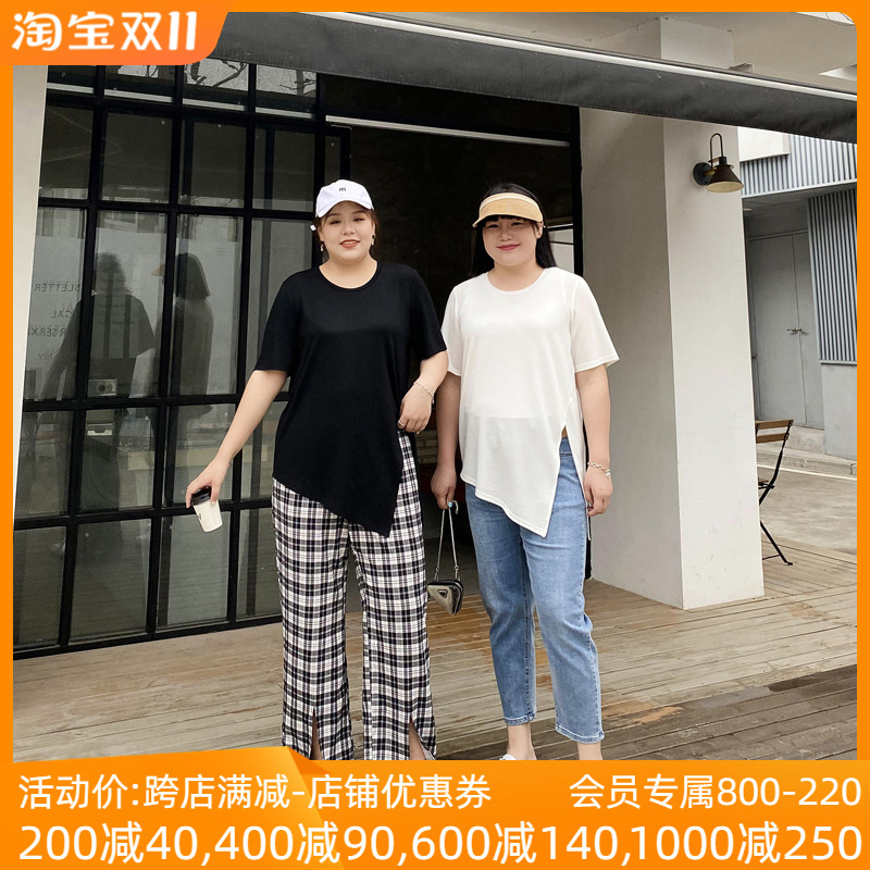 宽松开叉短袖t恤大码女装夏装200斤胖妹妹mm遮肚显瘦百搭大版上衣