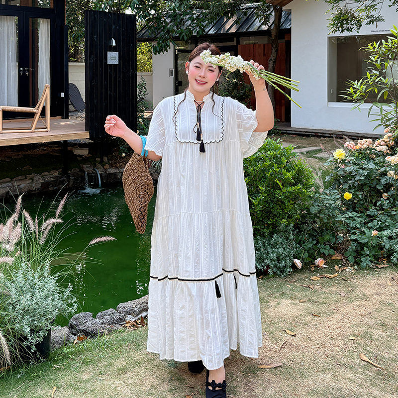 心存真大码女装2025年夏新款胖妹妹mm纯棉宽松度假波西米亚连衣裙
