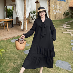 大码女装荷叶边雪纺长裙时髦2026春季新款胖mm宽松显瘦遮肚连衣裙