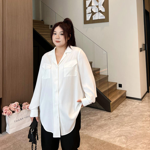特大码女装长袖衬衣2025年秋季200斤胖mm宽松显瘦中长款v领白衬衫