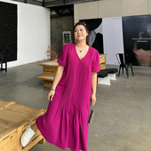连衣裙 v领压褶衬衫 女装 裙200斤胖妹妹mm宽松遮肚子显瘦中长款 大码