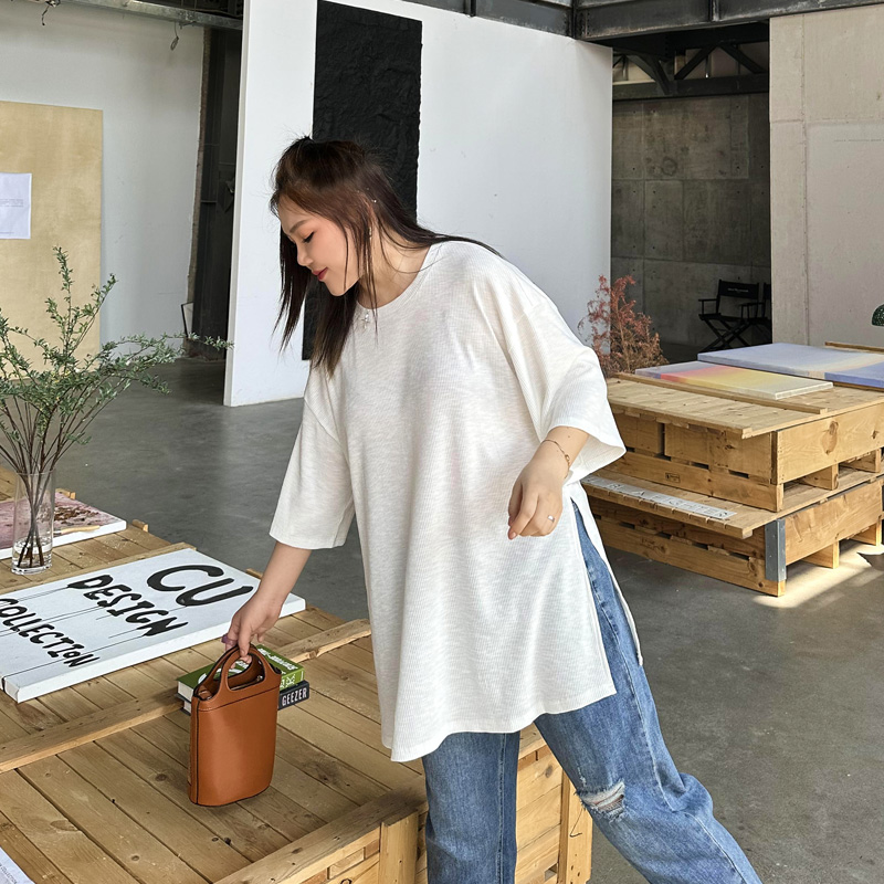 遮屁股胖mm宽松开叉T恤中长款夏季200斤特大码女装竹节棉半袖上衣
