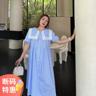 连衣裙 心存真大码 女装 减龄海军领条纹裙胖mm宽松中长款 甜美衬衫