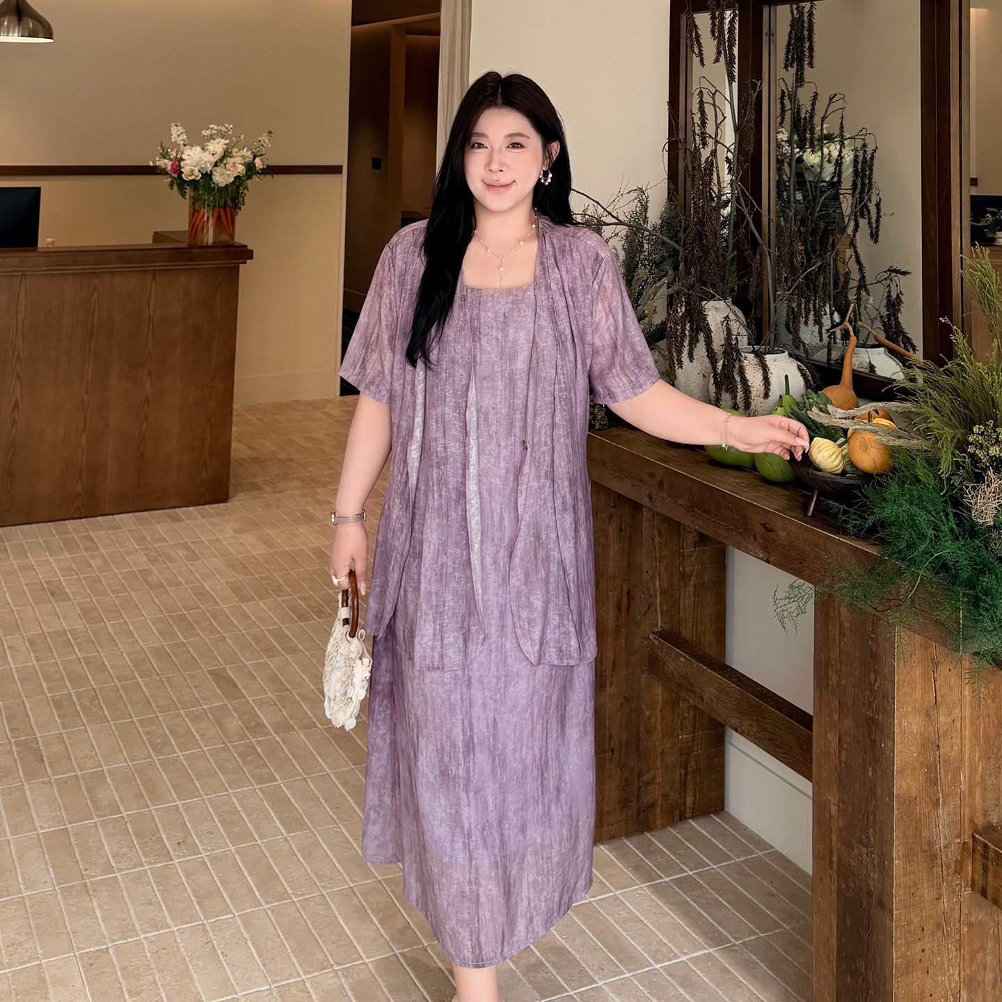 大码女装紫色棉麻感吊带裙+开衫套装夏季新款胖mm宽松凉快两件套