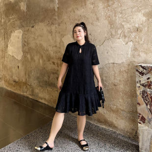 新款 2026年夏季 胖MM宽松遮肚子连衣裙 女装 复古国风雪纺小黑裙大码