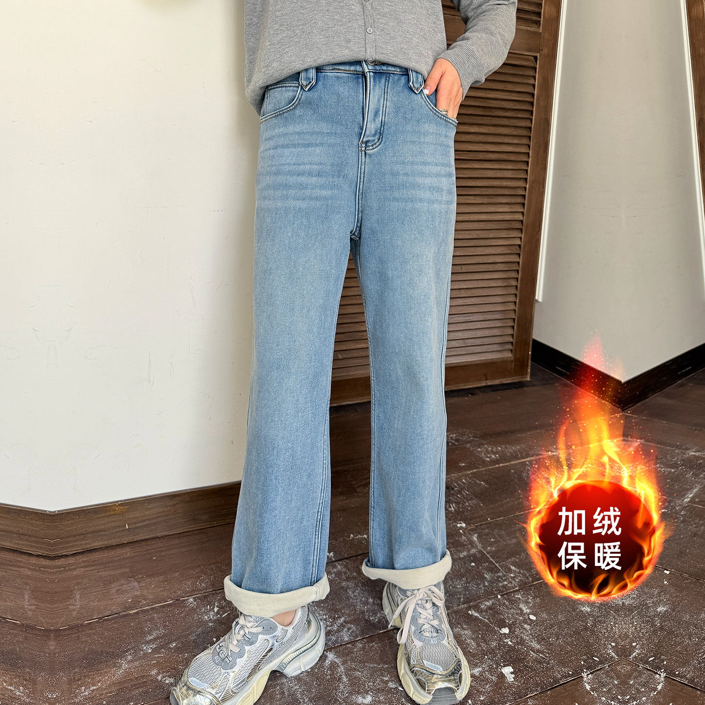 大码女装加绒老爹牛仔裤显瘦百搭