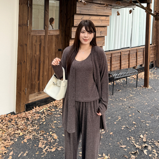 大码女装长款针织开衫套装2026秋季新款胖mm宽松直筒阔腿裤3件套