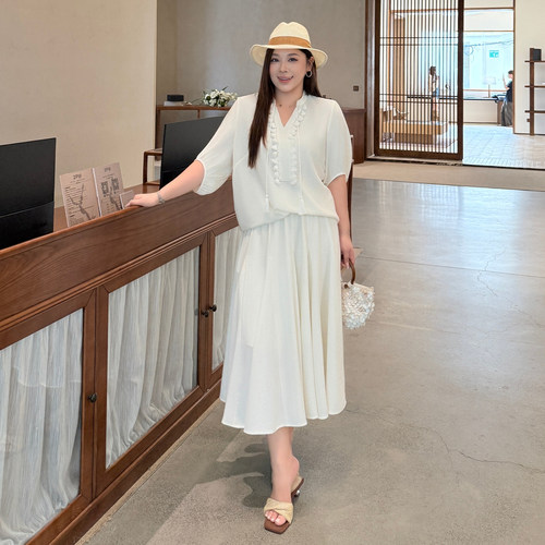 大码女装棉麻流苏上衣半身裙套装