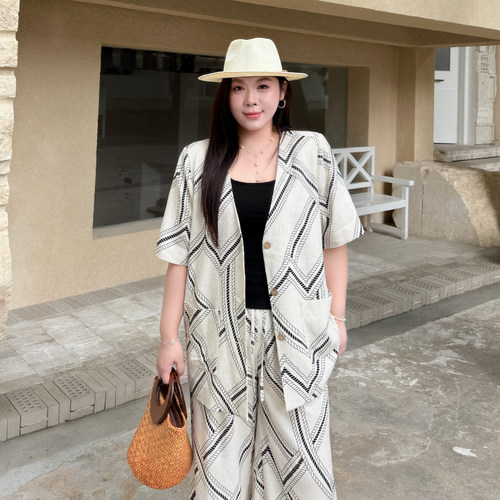 大码女装高端棉麻西装阔腿裤套装
