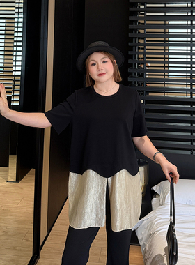 假两件拼接特大码t恤女2026年夏新款胖妹妹mm宽松显瘦短袖上衣