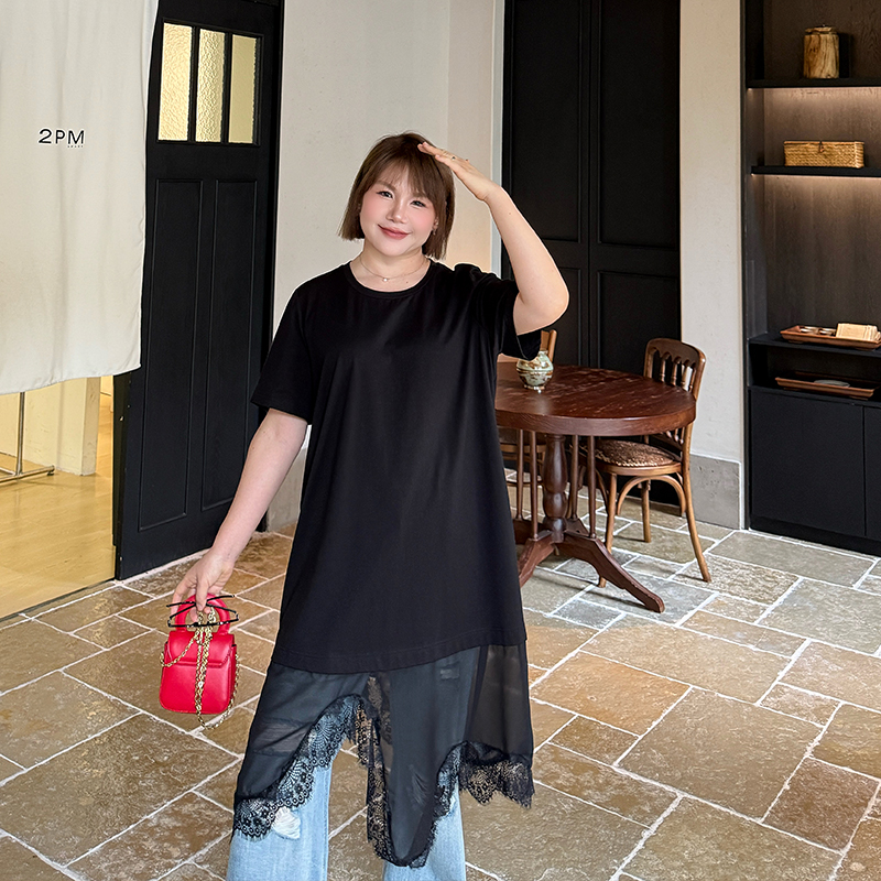 心存真冰瓷棉拼接t恤女夏季款特大码胖mm宽松显瘦中长款短袖上衣