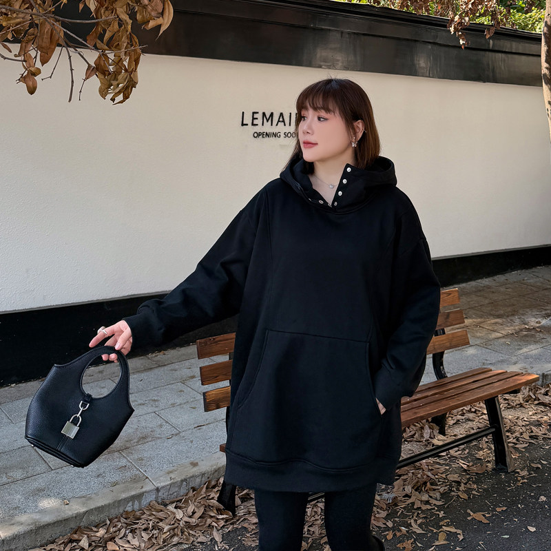 大码女装高领加绒连帽外套200斤冬季新款胖妹妹mm宽松加厚卫衣