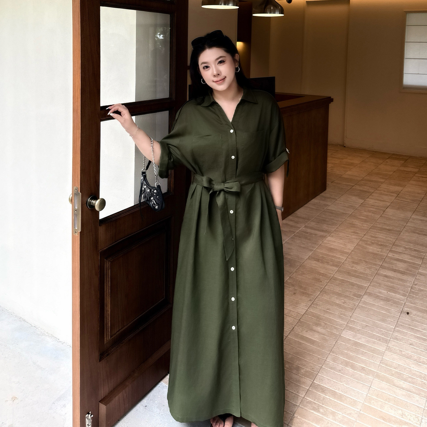 大码女装薄款亚麻慵懒风衬衫裙