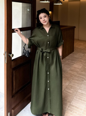 大码女装薄款亚麻慵懒风衬衫裙