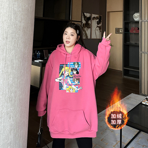 大码女装减龄印花加厚加绒卫衣200斤冬季新款胖妹mm宽松连帽上衣