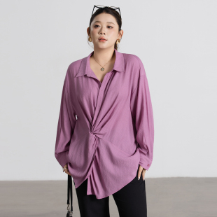 胖mm宽松气质长袖 心存真大码 女2026春新款 收褶显瘦衬衫 衬衣粉 女装