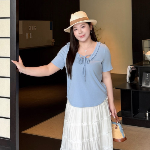 大码女装木耳边t恤甜美百搭显瘦