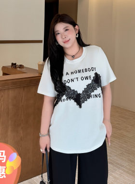 大码女装蕾丝字母T恤宽松显瘦